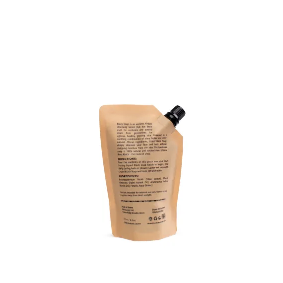 Schwarze Flüssigseife mit Nachfüllbeutel Rückseite